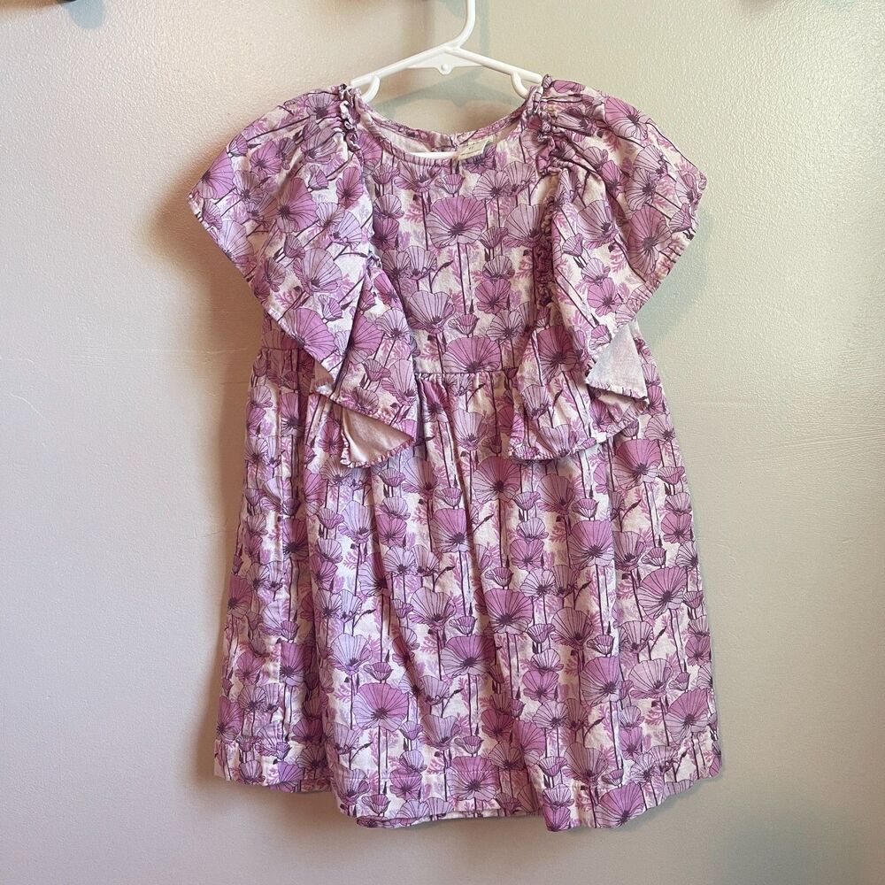 Kate Quinn 4T Purple Poppies Dress | Cotton Flutter Sleeve